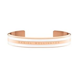 Bracciale rigido unisex Daniel Wellington in acciaio placcato oro rosa con fascia bianca opaca e logo inciso.
