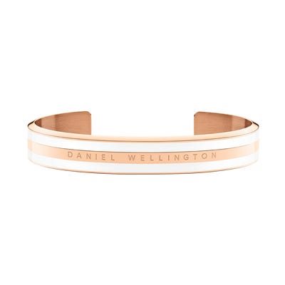 Bracciale rigido unisex Daniel Wellington in acciaio placcato oro rosa con fascia bianca opaca e logo inciso.