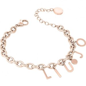 Bracciale Liu Jo in acciaio oro rosa con lettere pendenti che formano il logo del brand.
