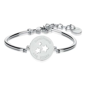 Bracciale rigido in acciaio con stelle traforate e incisione dedicata all’amicizia.