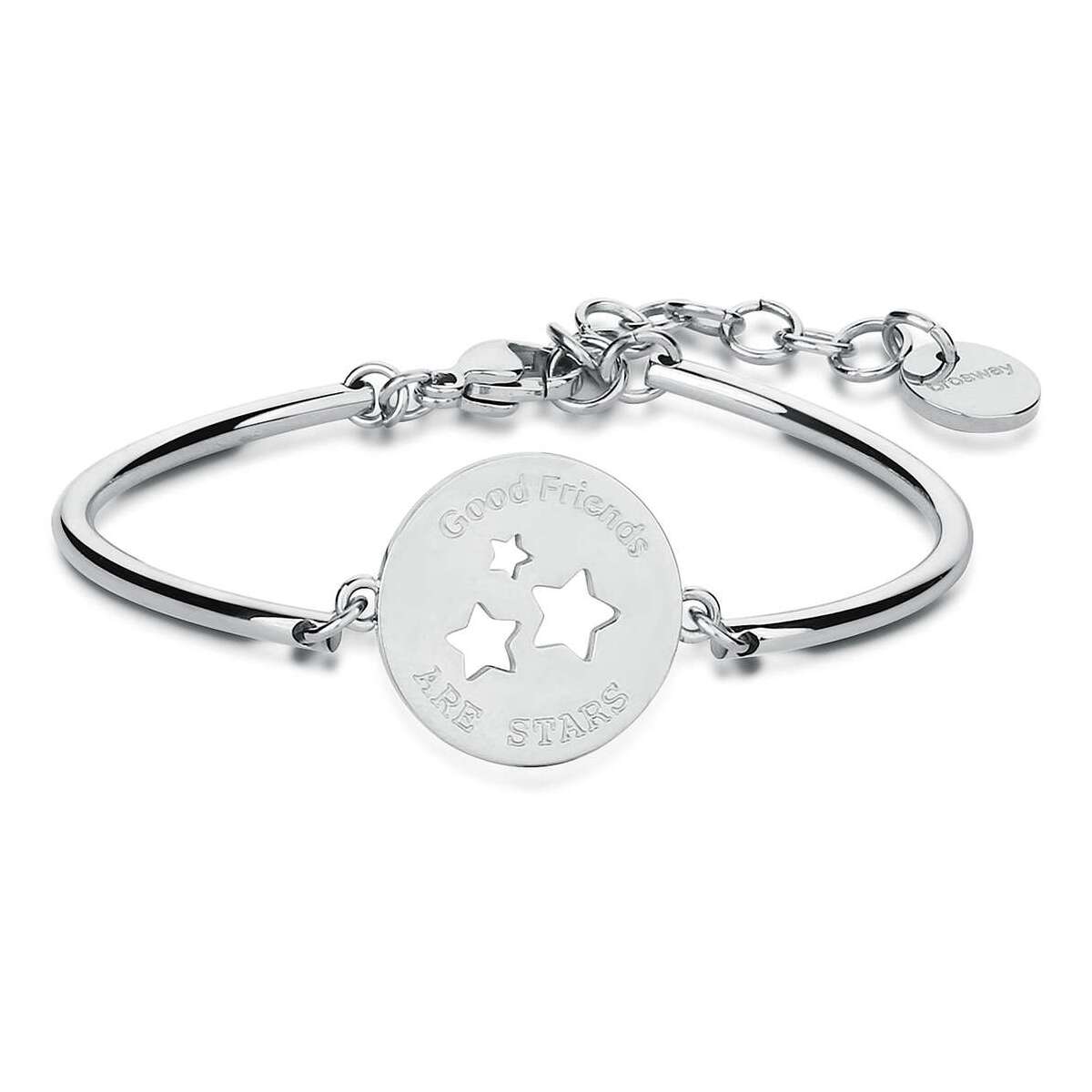 Bracciale rigido in acciaio con stelle traforate e incisione dedicata all’amicizia.