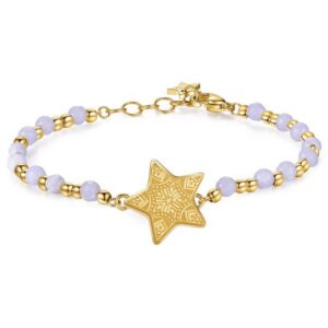 Bracciale dorato con sfere gold e Agata e stella incisa. Simbolo di luce e positività