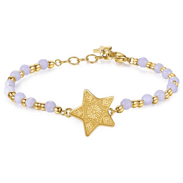 Bracciale dorato con sfere gold e Agata e stella incisa. Simbolo di luce e positività