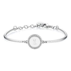 Bracciale con iniziale "I" incisa e contorno di cristalli. Un simbolo prezioso di identità, perfetto da regalare o regalarsi.