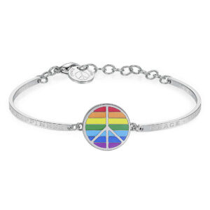 Bracciale in acciaio con simbolo della pace arcobaleno: un messaggio di amore, libertà e inclusione sempre con te.