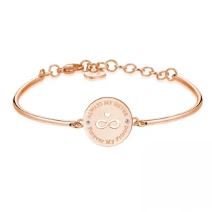 Bracciale in acciaio rosé con simbolo dell’infinito e dedica alla sorella. Un gioiello pieno di significato da regalare con il cuore.