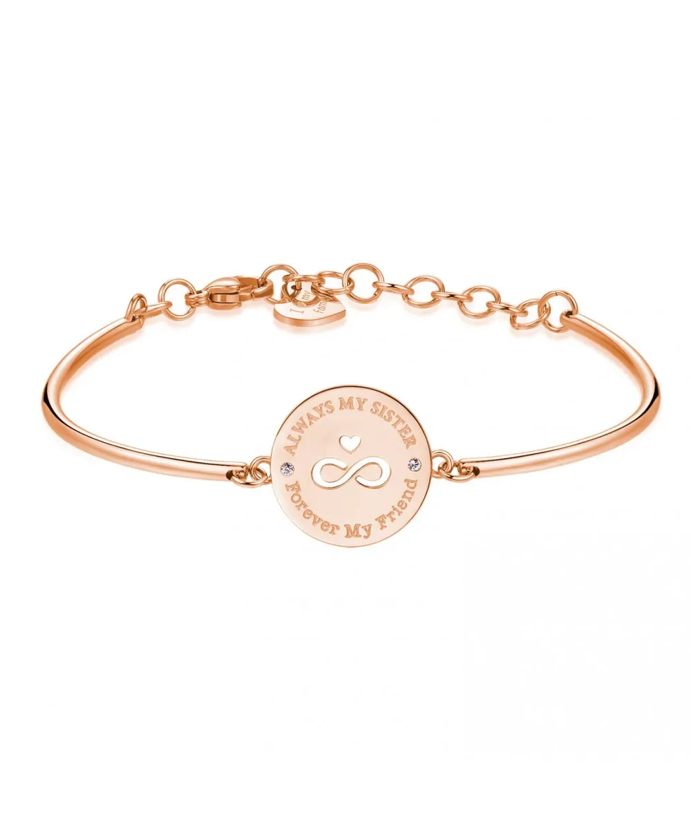 Bracciale in acciaio rosé con simbolo dell’infinito e dedica alla sorella. Un gioiello pieno di significato da regalare con il cuore.