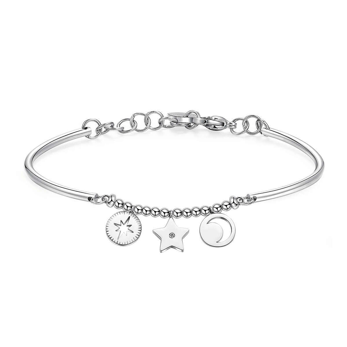 Bracciale in acciaio Brosway Chakra con charm pendenti a forma di rosa dei venti, stella e luna.