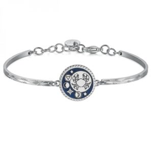 Bracciale in acciaio con simbolo zodiacale Cancro e cielo stellato smaltato. Ideale per le anime sensibili e protettive.
