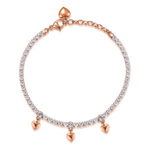 Bracciale in acciaio rosé con cristalli e pendenti a forma di cuore. Romantico e luminoso.
