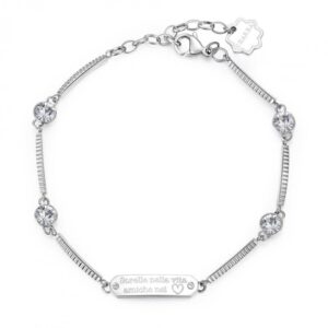 Bracciale in acciaio con incisione dedicata alle sorelle, impreziosito da cristalli. Un dono d’amore eterno.