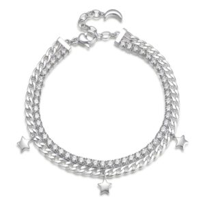 Bracciale in acciaio con cristalli bianchi e stelline pendenti, simbolo di sogni e desideri.
