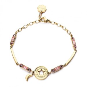 Bracciale dorato con cristalli rosa e stella centrale traforata.