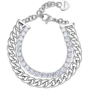 Bracciale Brosway Desideri da donna in acciaio con catena groumette doppia e fila di cristalli bianchi centrali.