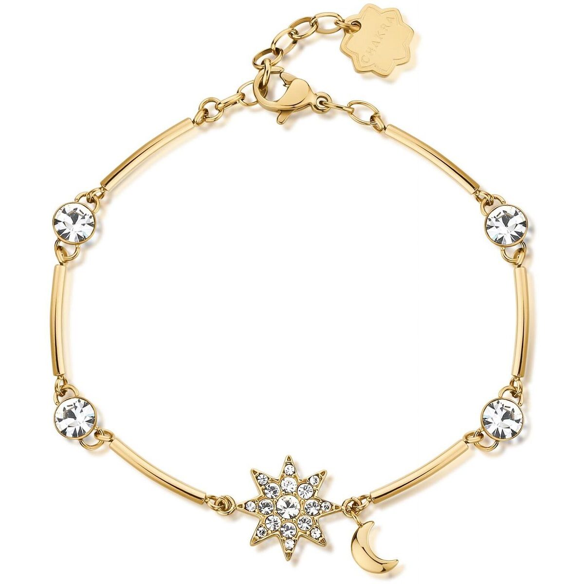Bracciale dorato con stella e luna, simboli di luce e protezione. Elegante e ricco di significato.