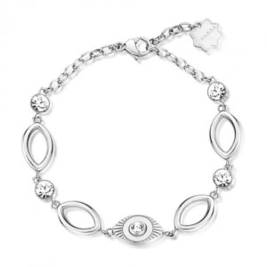 Bracciale da donna in acciaio con charm a forma di occhio portafortuna e cristalli bianchi. Raffinato e simbolico, ideale per proteggersi con eleganza.