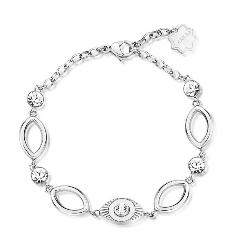 Bracciale da donna in acciaio con charm a forma di occhio portafortuna e cristalli bianchi. Raffinato e simbolico, ideale per proteggersi con eleganza.