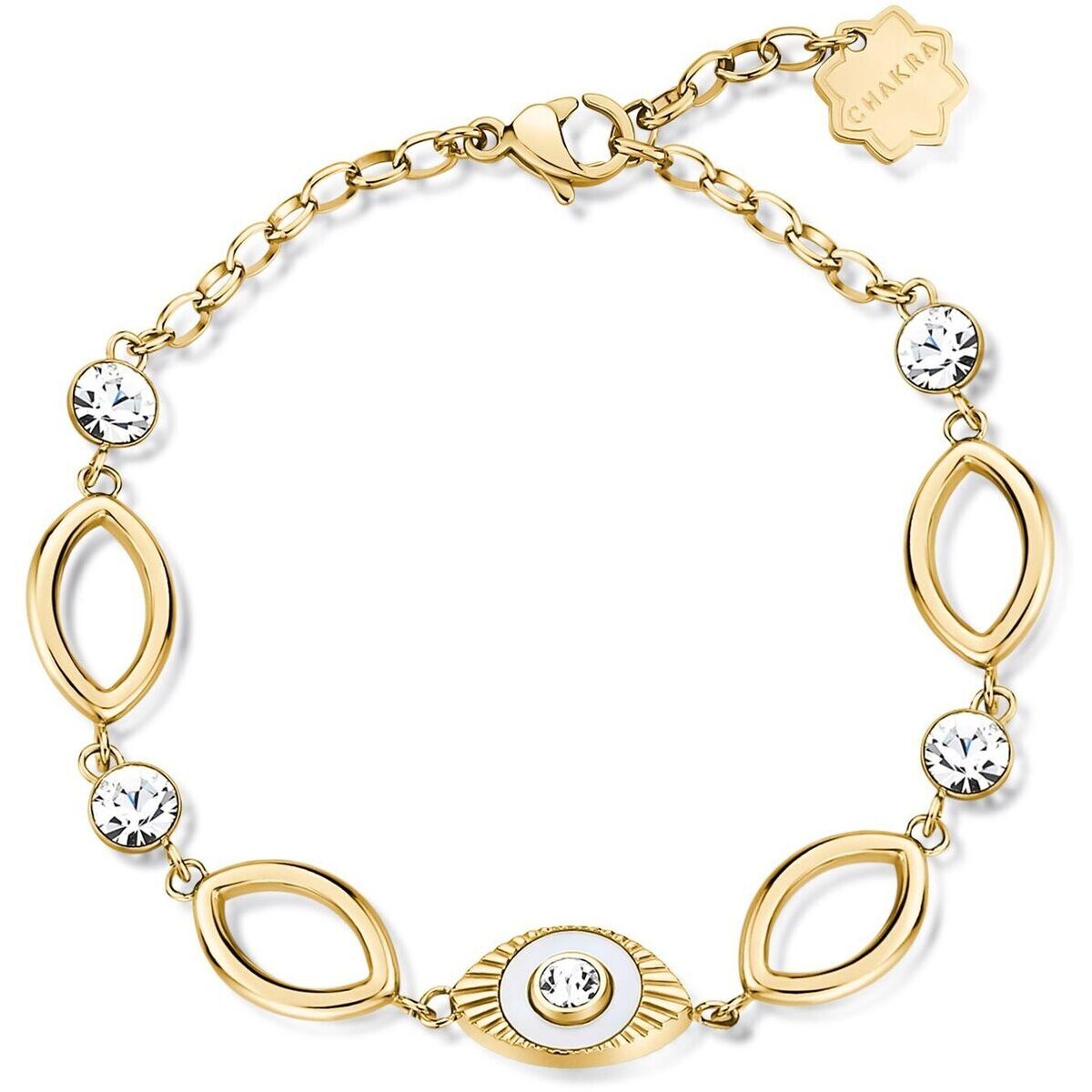 Bracciale da donna in acciaio con finitura oro giallo, occhio portafortuna centrale e cristalli bianchi. Elegante e simbolico, ideale per proteggersi con stile.