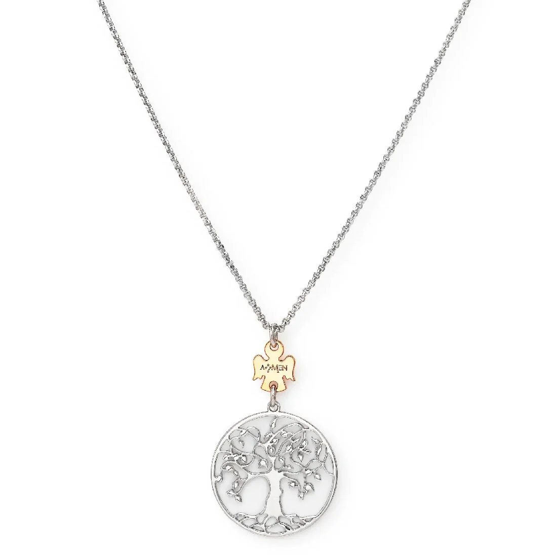 Collana Amen in argento 925 con pendente Albero della Vita e placchetta rosé. Un simbolo di forza, rinascita e amore, perfetto da indossare ogni giorno o regalare a una persona speciale.