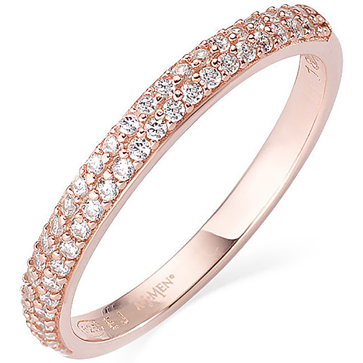 Luminosa eleganza in stile romantico: l’anello Amen Rainbow RPARB in Argento 925 rosato è arricchito da tre file di zirconi bianchi, perfetto per donare luce e raffinatezza a ogni look.