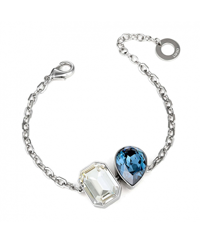 Bracciale Liu Jo LJ1182 in ottone lucido con cristallo trasparente e goccia blu. Elegante e regolabile, ideale per un tocco di stile unico.