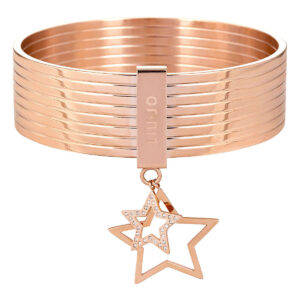 Bracciale rigido Liu Jo color oro rosa con pendenti a forma di stella, di cui uno tempestato di cristalli. Elegante e d’effetto.