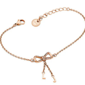 Bracciale Liu Jo in acciaio rosato con fiocco decorato da cristalli e ciondoli "L e J"