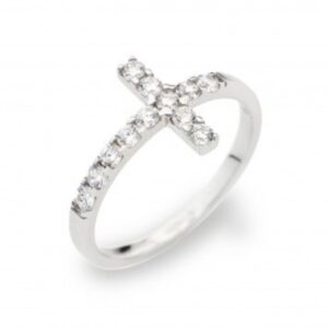 Anello Amen in argento 925 con croce frontale decorata da luminosi zirconi bianchi.