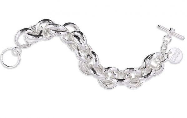 Bracciale UNOAERRE in bronzo rodiato con catena maxi rolò. Finitura lucida, chiusura a barra, logo inciso.