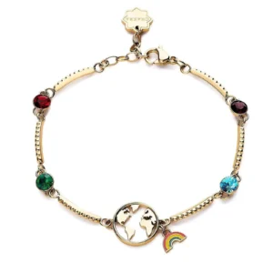 Bracciale Brosway Chakra Viaggi BHKB103 in acciaio dorato con ciondolo mappamondo e charm arcobaleno