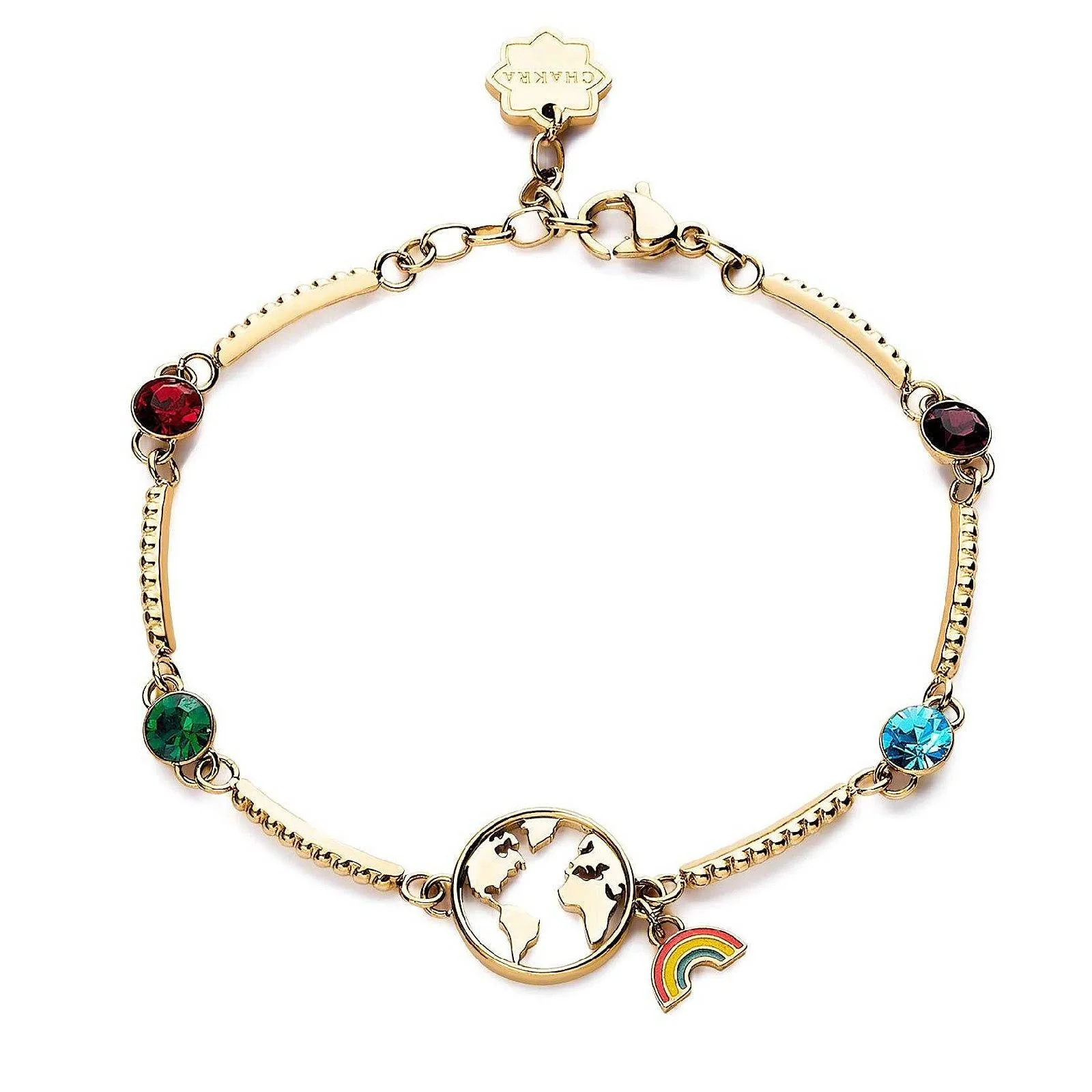 Bracciale Brosway Chakra Viaggi BHKB103 in acciaio dorato con ciondolo mappamondo e charm arcobaleno