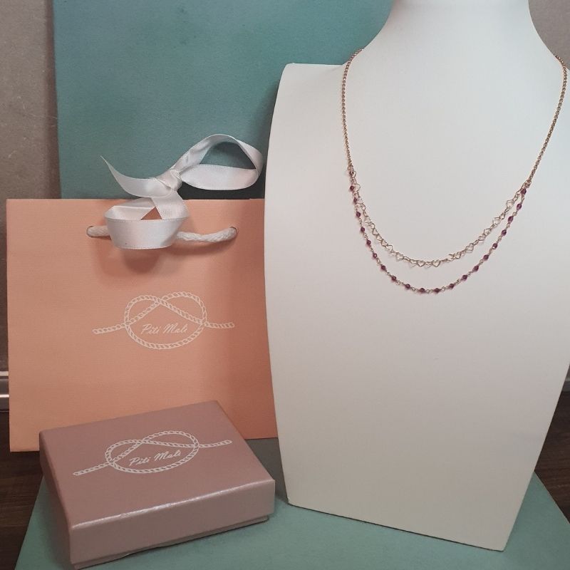Collana Piti Mali con Cuoricini e Pietre Rosa Doppio Filo Oro Rosa (mod. 419/C-RO)