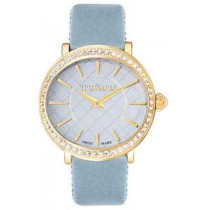 Orologio Trussardi Donna – Cinturino in Pelle Azzurra e Cassa Dorata con Cristalli (mod.8033288702016)