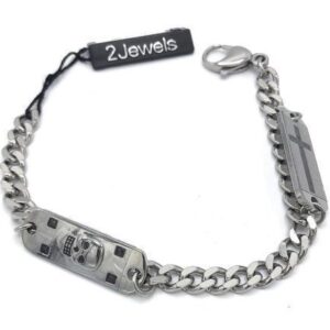 Bracciale 2Jewels in acciaio con maglia groumette e targhette incise con croce e teschio (mod.231279)